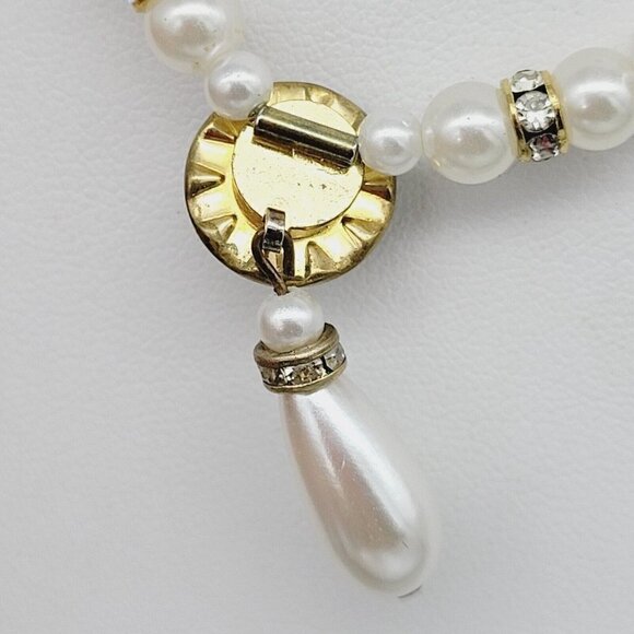 Vintage Faux Pearl Choker Necklace Green Rhinestone Drop Dangle Focal Gold Tone - Picture 10 of 10